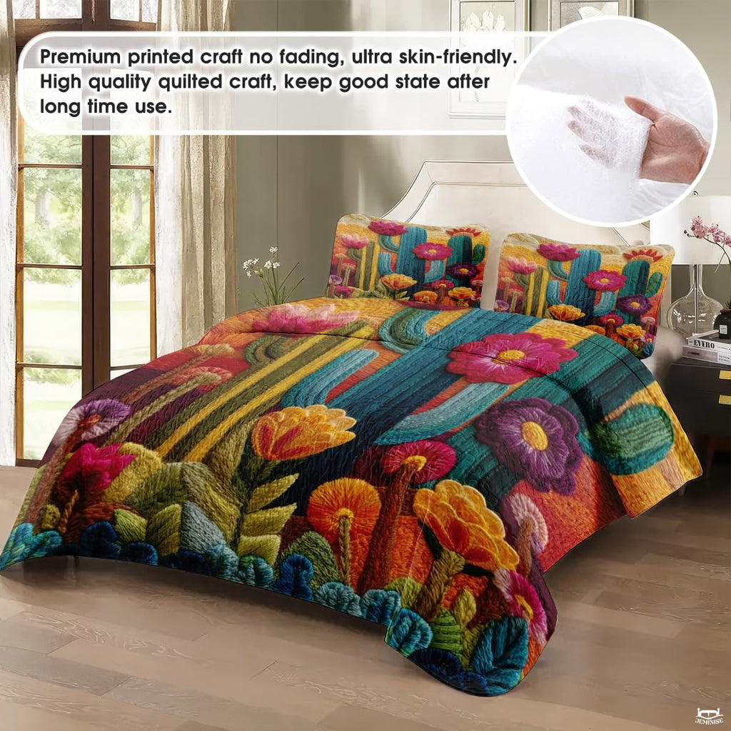 Personalized Vibrant Embroidered Desert Cactus Quilt Set