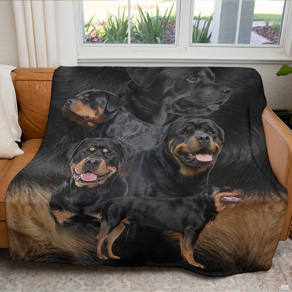 Black and tan Rottweiler dog blanket displayed on living room sofa