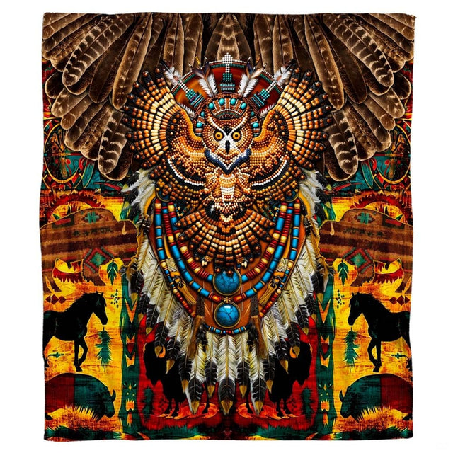 Southwestern bedding set with silhouetted buffalo, horses, and tribal owl graphics.