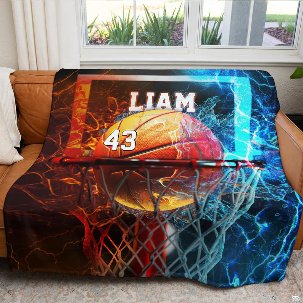 Dual-element basketball theme artwork contrasting neon orange blaze against cool cyan lighting accents.