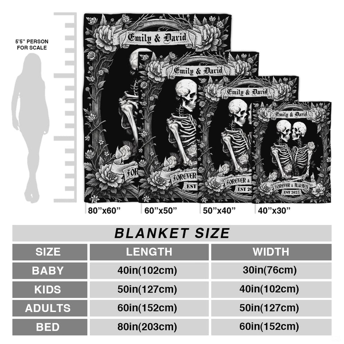 Romantic macabre print showing detailed skeleton lovers surrounded by baroque botanical flourishes.
