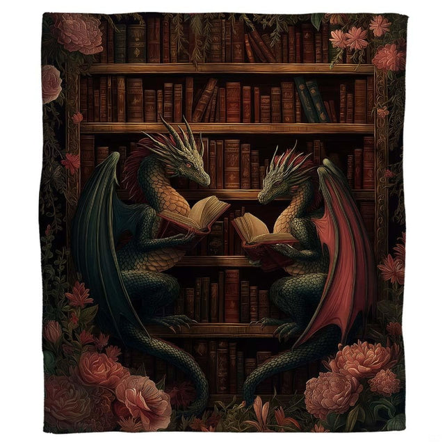 Reading dragons bookshelf dark academia fantasy blanket showing dragons reading books view 2