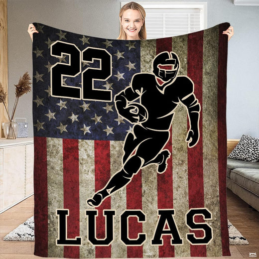 American flag football running back throw blanket displaying player silhouette and rustic stripes