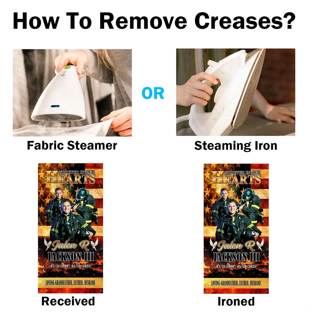 Crease smoothing guide demonstrating fabric steamer and iron usage for vinyl memorial mat