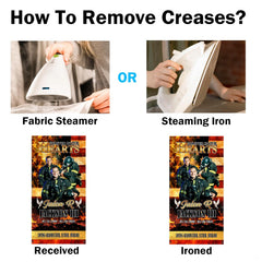 Crease smoothing guide demonstrating fabric steamer and iron usage for vinyl memorial mat