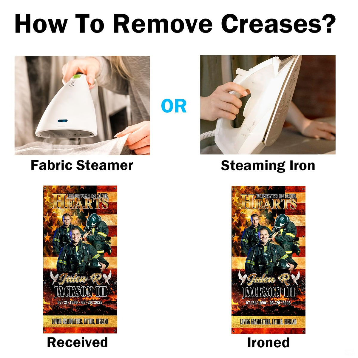 Crease smoothing guide demonstrating fabric steamer and iron usage for vinyl memorial mat