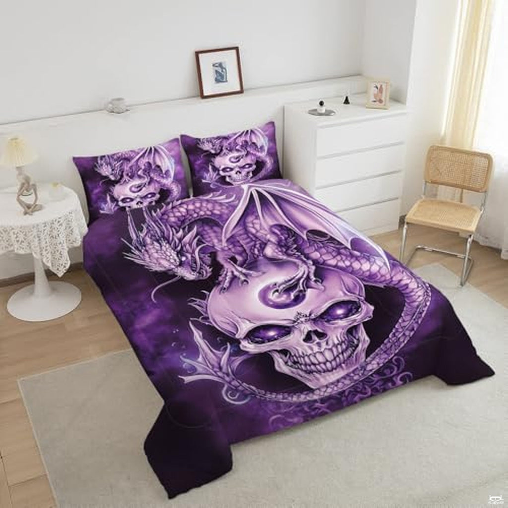Virella Purple Skull & Dragon Comforter, Quilt Throw Twin Full Queen King, Sheets Blanket for Bed Ultra-Soft Lightweight Animal Bed Sets for Dragon Lovers