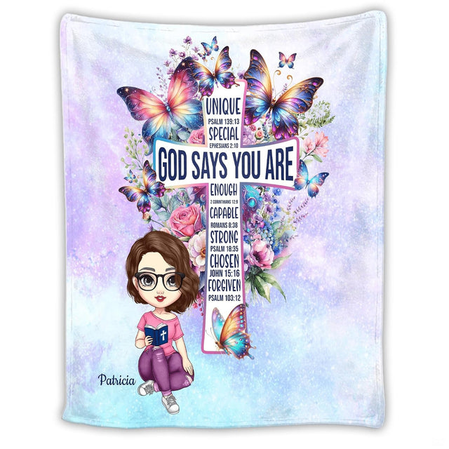 Christian cross butterflies floral blanket held outdoors in park setting
