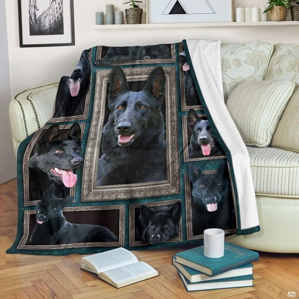 German Shepherd framed portrait gallery collage across deep teal bedding set