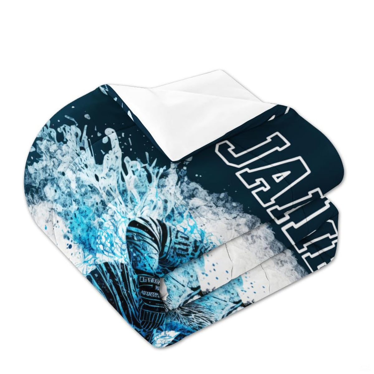 Matching pillowcase detail for hockey bedding set showing coordinating sticks, pucks, and goalie helmet art