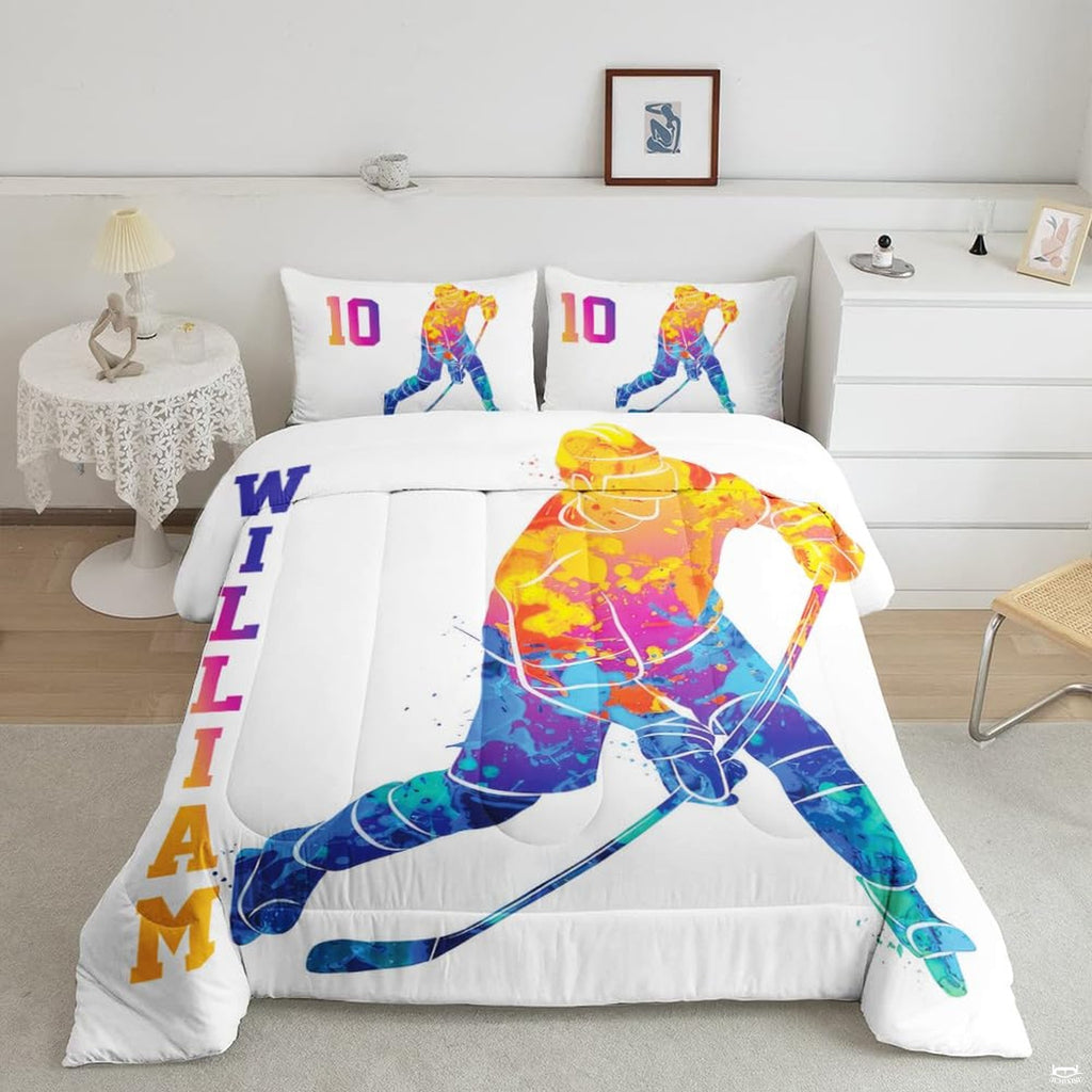 Purple and gold ice hockey goalie player sports bedding set displayed neatly on a bed in a modern youth bedroom