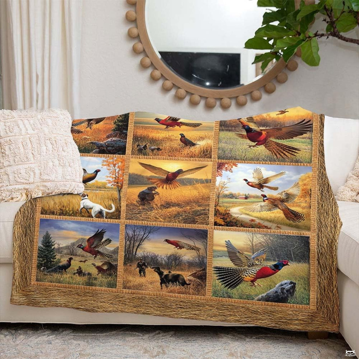 Nine-panel collage of flying pheasants, hunting dogs, and golden autumn fields, view 4.
