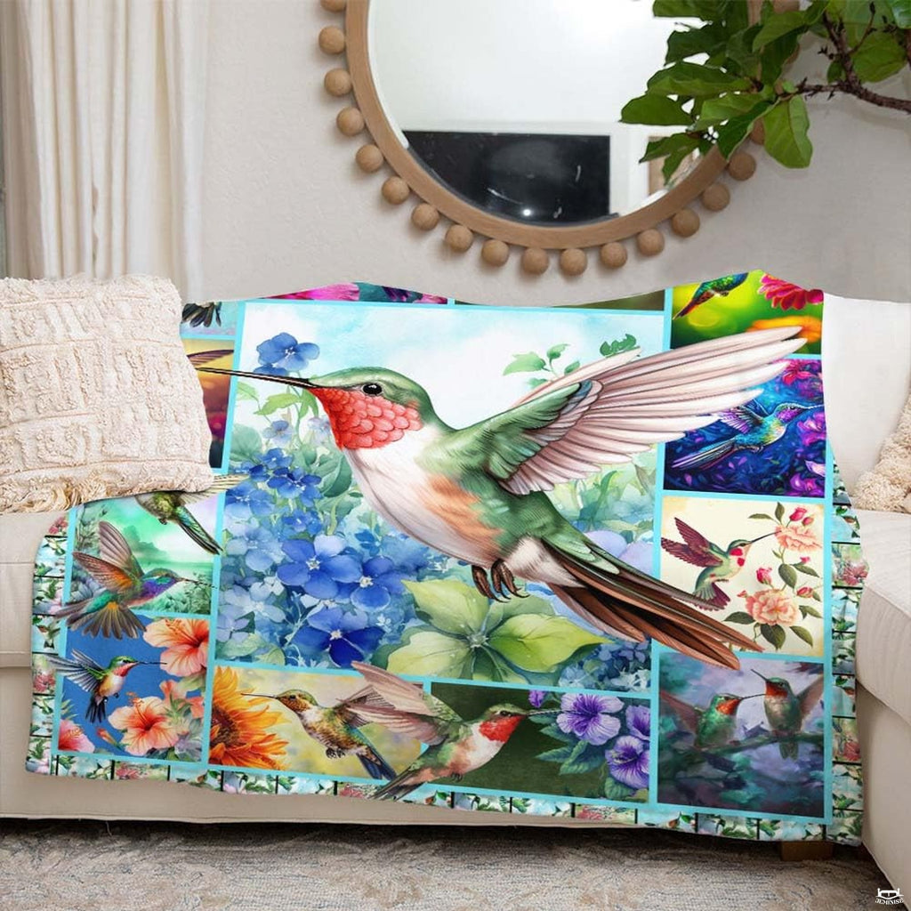 Ruby hummingbird hydrangea throw blanket view 6 highlighting colorful plumage artwork and home styling