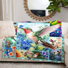 Ruby hummingbird hydrangea throw blanket view 6 highlighting colorful plumage artwork and home styling