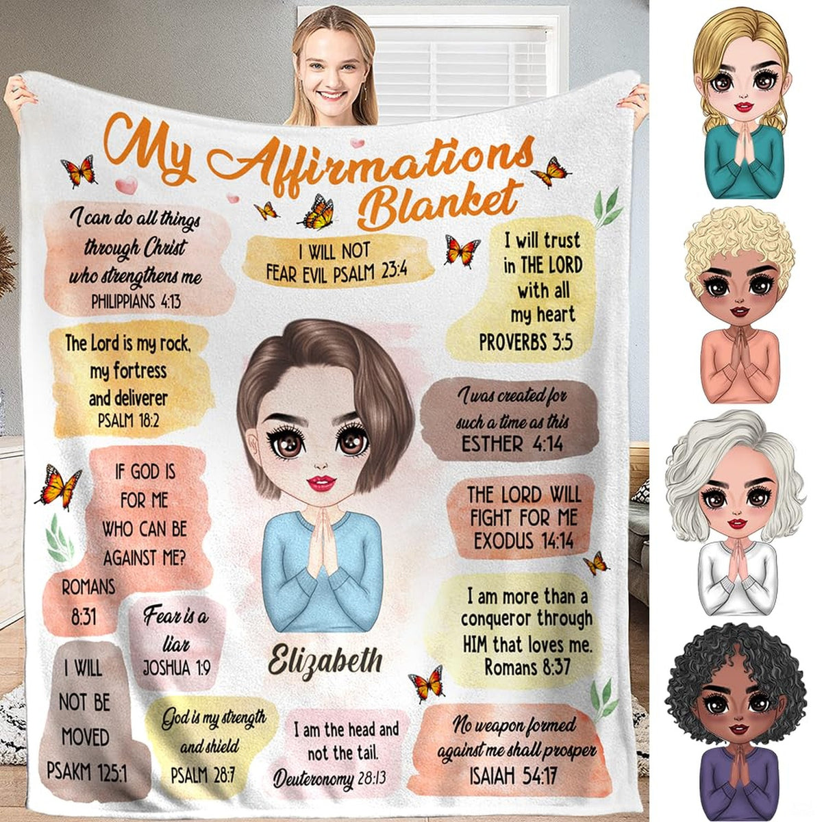 Faith affirmation blanket held upright showing praying character, watercolor faith text blocks, and butterflies