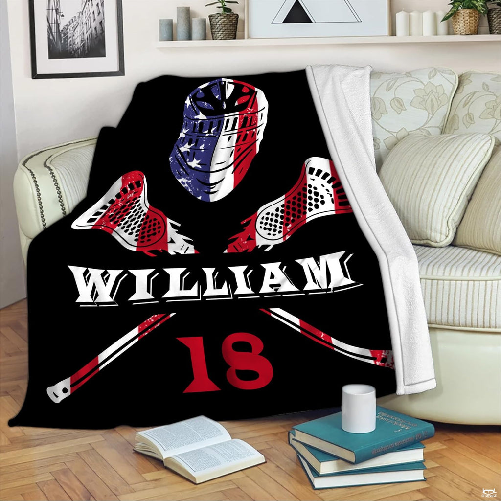Patriotic lacrosse graphic blanket draped over living room couch