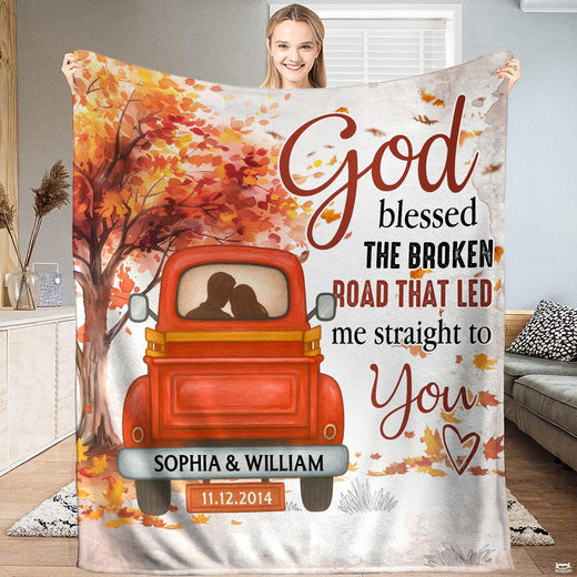 Rustic fall bedding displaying vintage red pickup truck and golden maple trees.