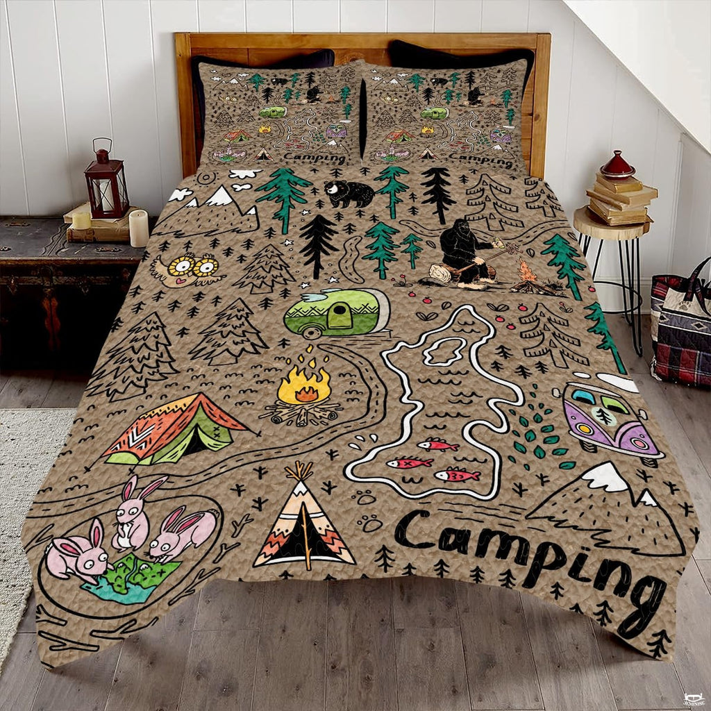 Outdoor bedding set featuring a hand-drawn campsite adventure map with tents, vans, and forest animals