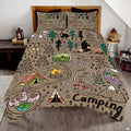 Outdoor bedding set featuring a hand-drawn campsite adventure map with tents, vans, and forest animals