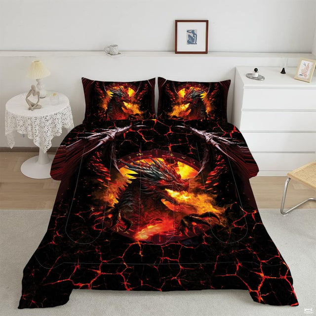 Overhead bedroom view of fantasy bedding featuring fire-breathing red dragon and volcanic magma fissures.