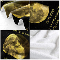 Four-panel macro graphic showing lunar surface details, golden script, and white reverse lining.