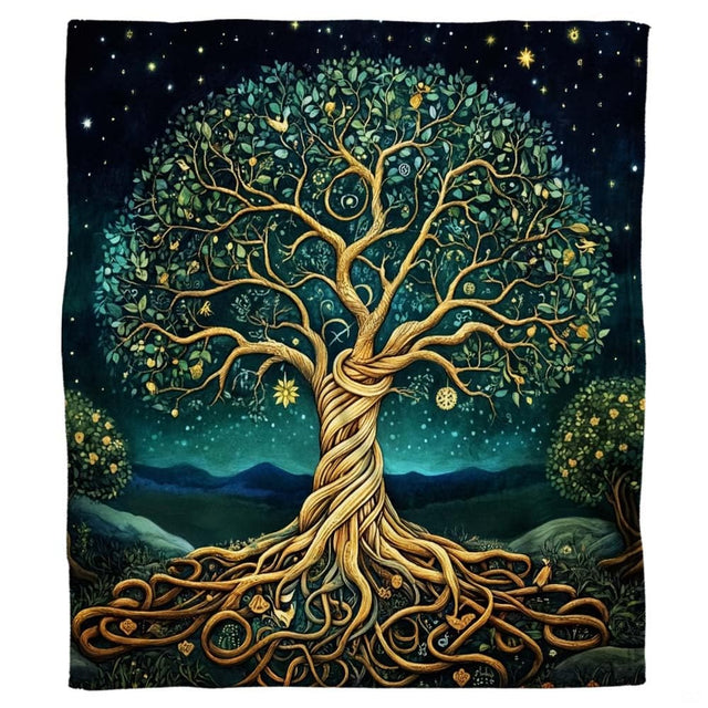 Braided golden tree of life throw blanket draped over living room sofa