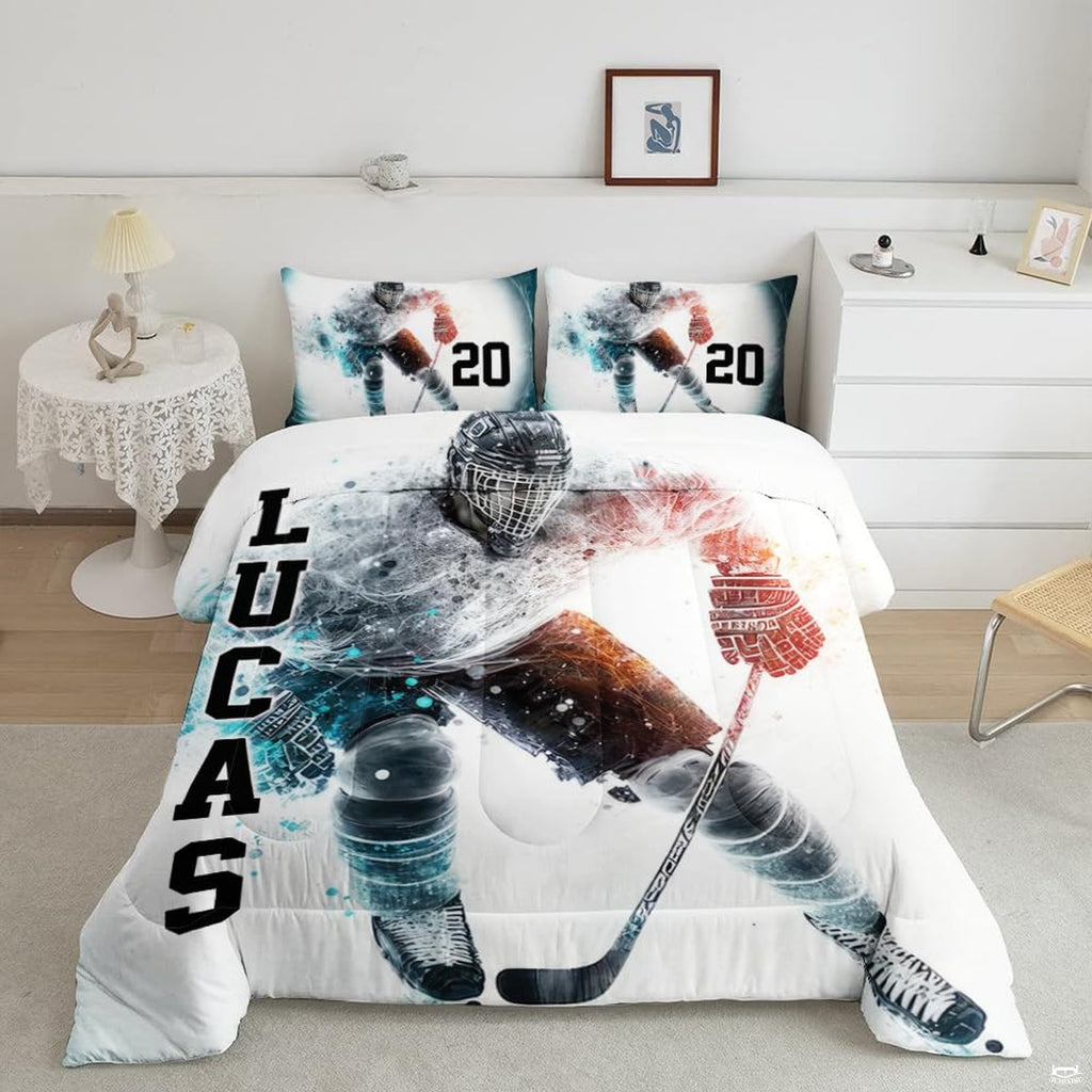 Dove grey ice hockey goalie player sports bedding set displayed neatly on a bed in a modern youth bedroom