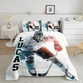 Dove grey ice hockey goalie player sports bedding set displayed neatly on a bed in a modern youth bedroom