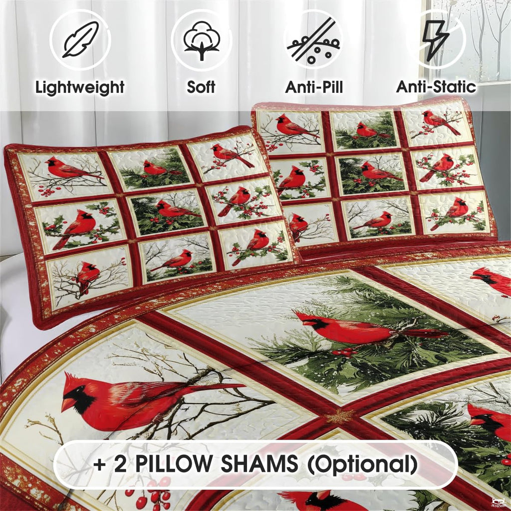 Close-up detail of woodland patchwork bedding displaying stylized cardinal plumage, pine needles, and bark brown accents.