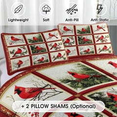 Close-up detail of woodland patchwork bedding displaying stylized cardinal plumage, pine needles, and bark brown accents.