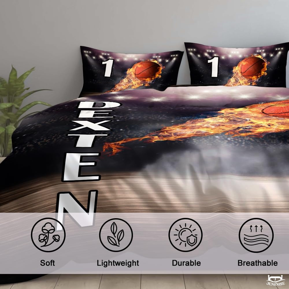 Personalized Basketball Flames Flying Over Comforter with Name and Number