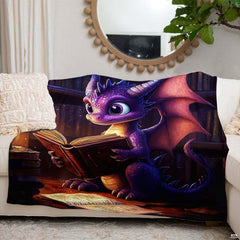 Fantasy purple thematic accent dragon seated among tall wooden bookshelves on decorative bedding.