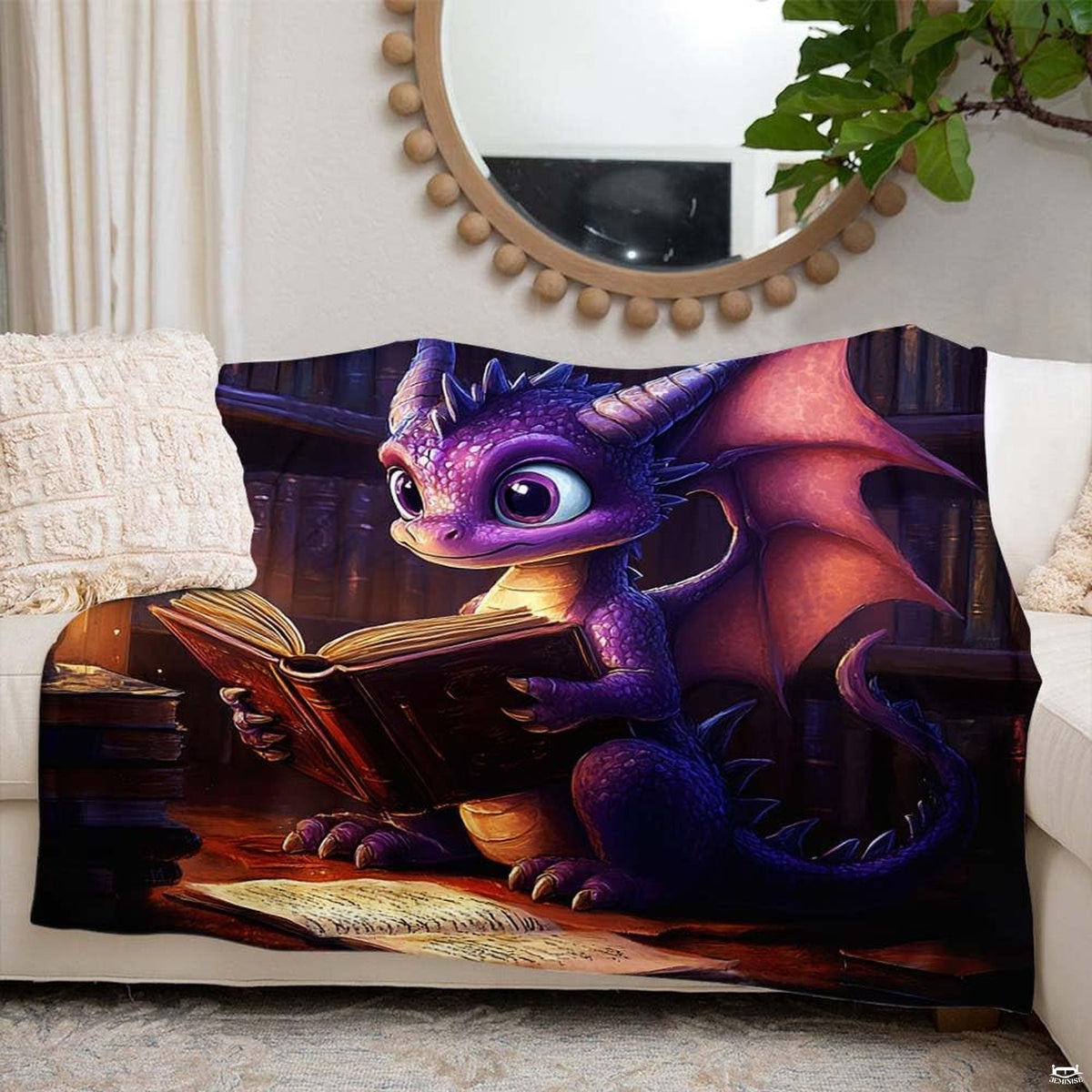 Fantasy purple thematic accent dragon seated among tall wooden bookshelves on decorative bedding.