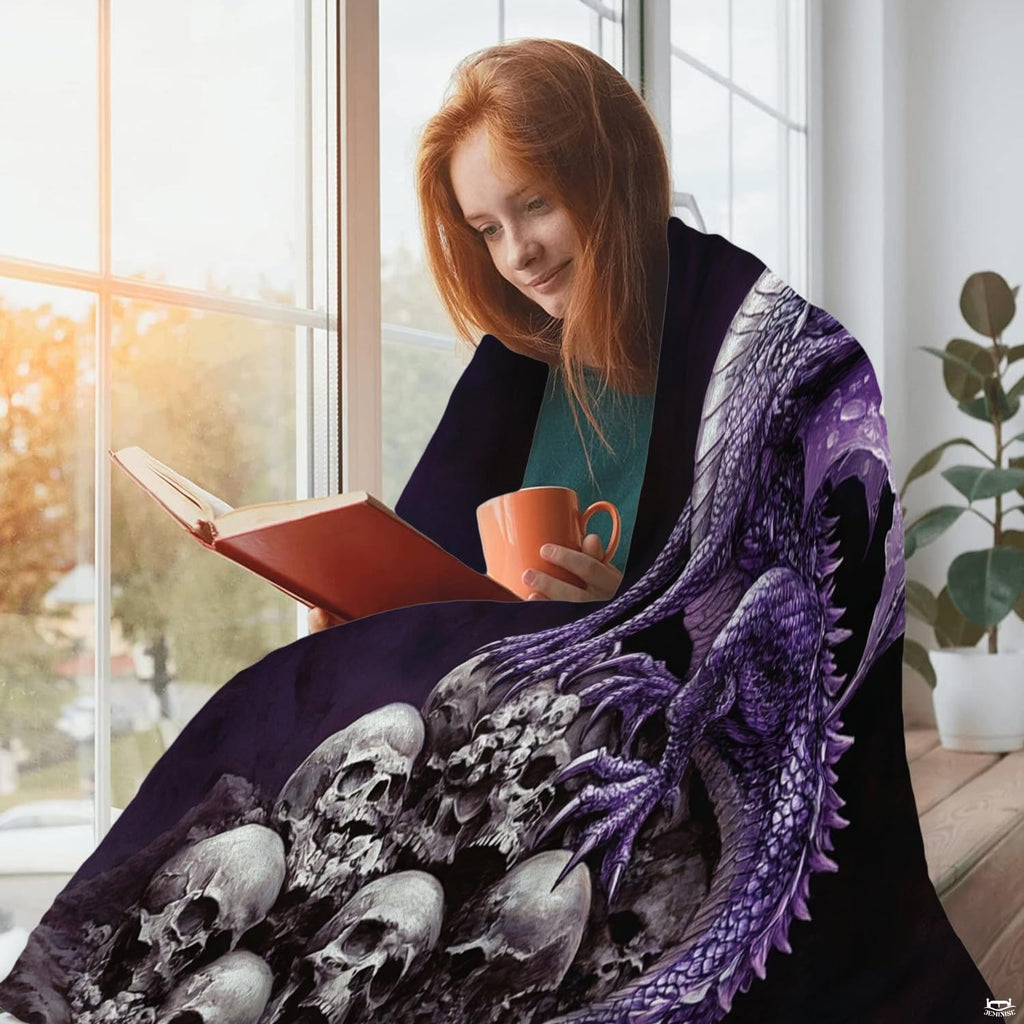 Wide perspective of dark violet dragon bedding displayed in a gothic bedroom setting.