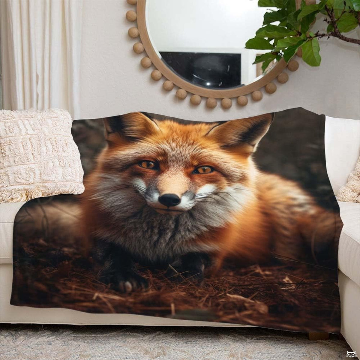 Red fox wildlife portrait motif styled in an earthy woodland bedroom arrangement.