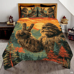 Personalized Bigfoot Peace Sign Sunset Quilt Sets, Machine Washable