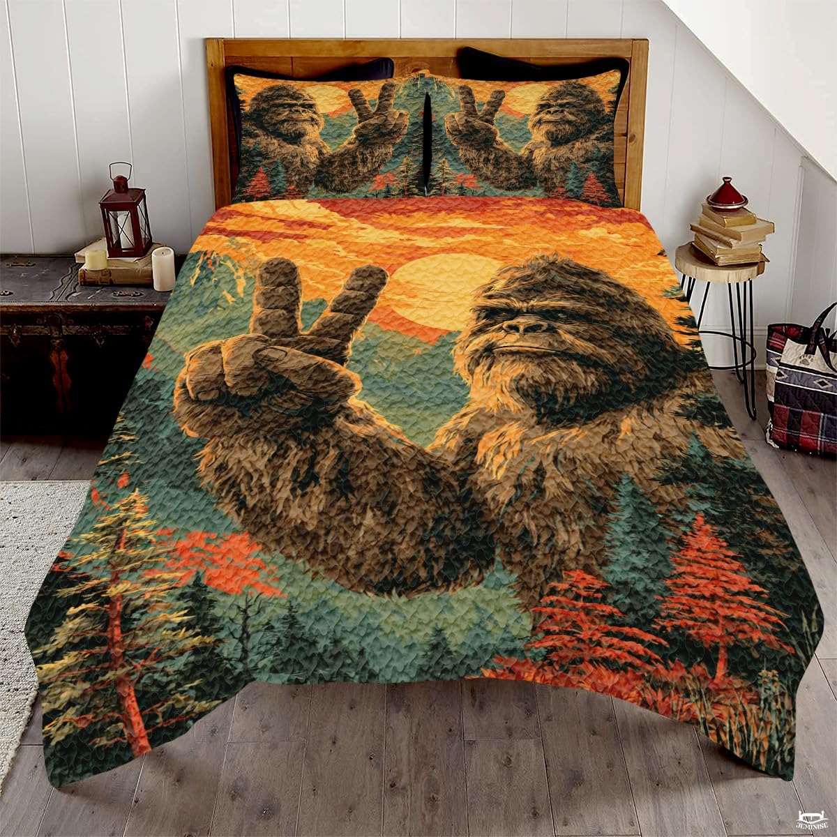 Personalized Bigfoot Peace Sign Sunset Quilt Sets, Machine Washable