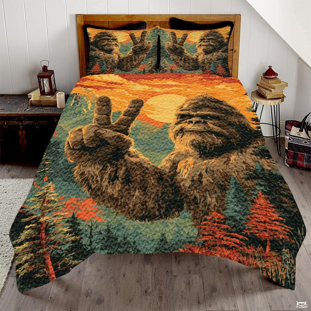 Personalized Bigfoot Peace Sign Sunset Quilt Sets, Machine Washable
