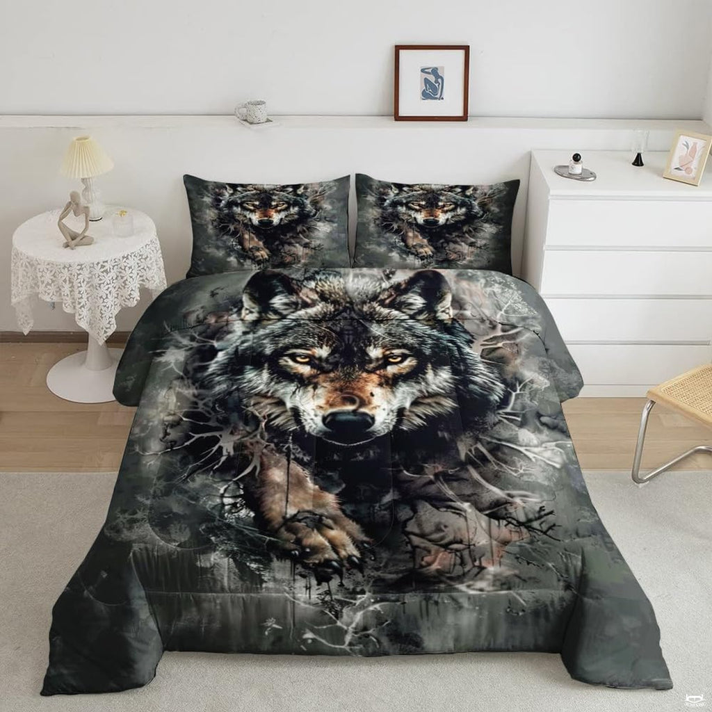 Wolf quilt set mockup with dark prowling wolf, amber eyes, and tangled branches