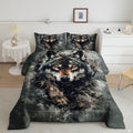 Wolf quilt set mockup with dark prowling wolf, amber eyes, and tangled branches