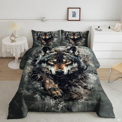 Wolf quilt set mockup with dark prowling wolf, amber eyes, and tangled branches