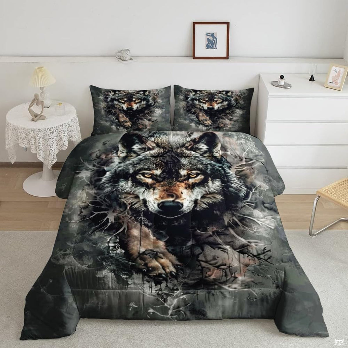 Wolf quilt set mockup with dark prowling wolf, amber eyes, and tangled branches
