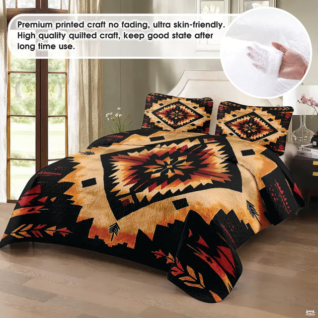 Close-up view of tribal bedding highlighting repeating stepped Aztec diamonds and geometric arrow bands