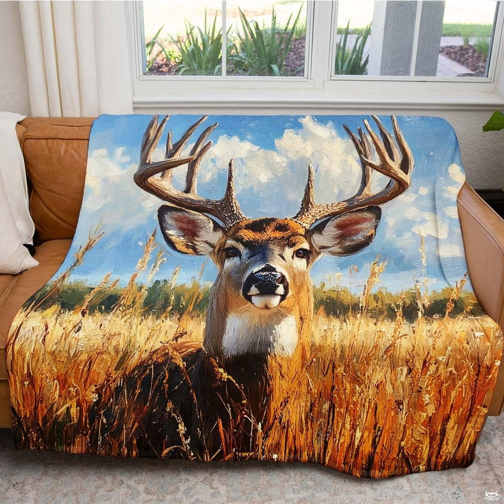 Warm earth tones and buck portrait illustration featured on rustic deer print bedding set.