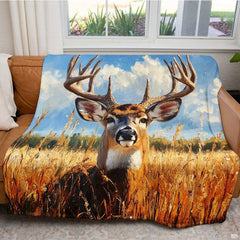 Warm earth tones and buck portrait illustration featured on rustic deer print bedding set.