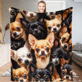 Chihuahua collage bedding set featuring expressive fawn and black pups on a dark background.