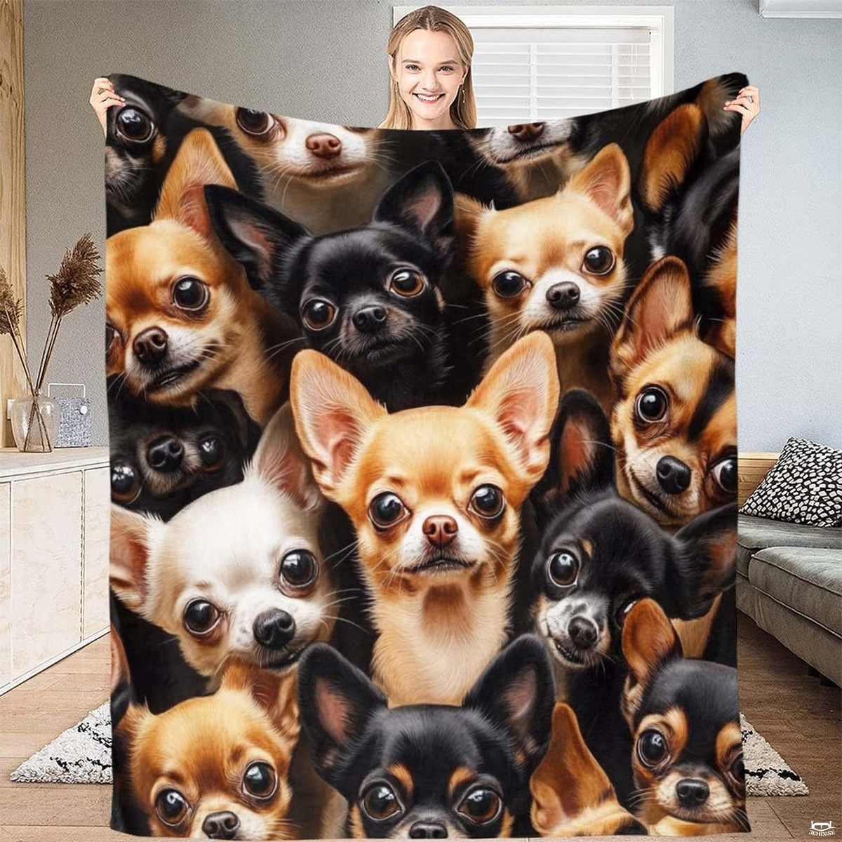 Chihuahua collage bedding set featuring expressive fawn and black pups on a dark background.
