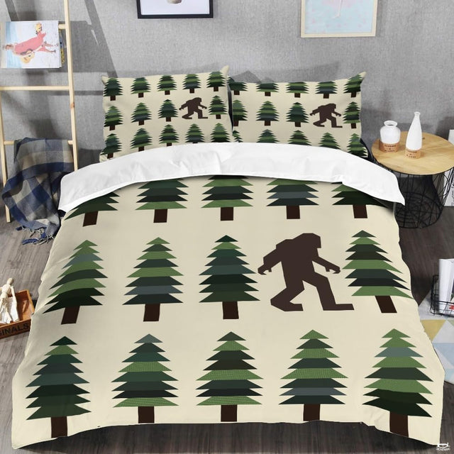 Close-up perspective of Sasquatch bedding showing detailed textured patterns on evergreen trees