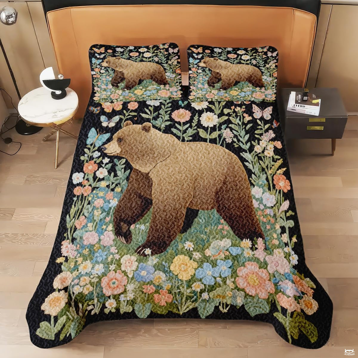 Full bedroom display of wildflower bear bedding styled with lodge decor and natural botanical accents