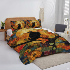 Overhead view of rustic harvest moon bedding spread across a master bedroom wooden bed frame